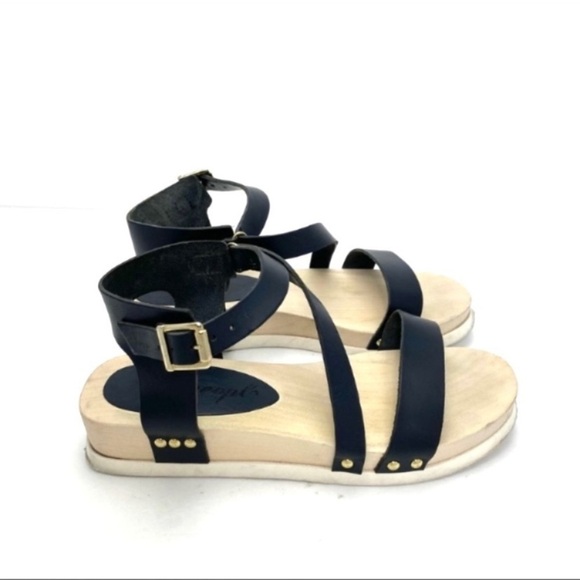 FREE People Leather Ankle Lace Straps Wood Sole Sandal in Black Size 8 - Picture 5 of 10